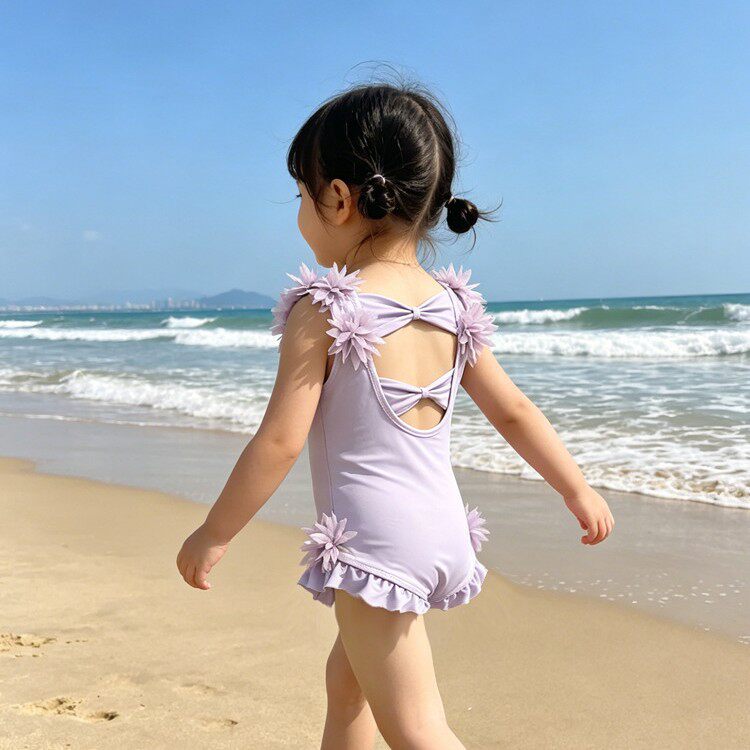 女童连体泳衣夏儿童紫色露背游泳衣韩版女孩宝宝海边度假吊带泳装