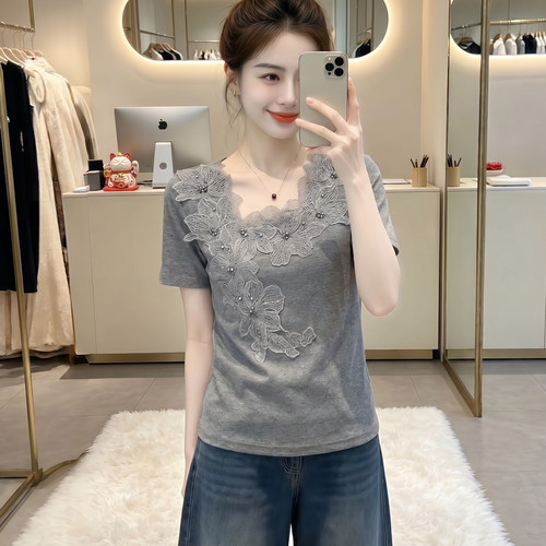 韩系胖mm钉珠花朵正肩短袖T恤女夏季大码独特小众设计感漂亮上衣