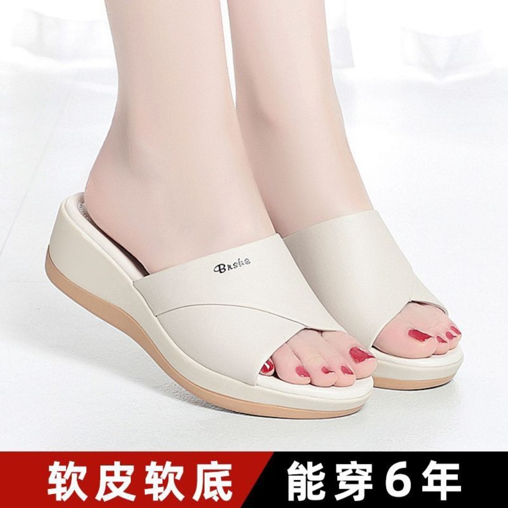 真皮中跟坡跟女凉拖2025夏新款软底女鞋厚底百搭外穿妈妈拖鞋女图片