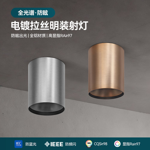 电镀明装射灯包豪斯极简银色不锈钢圆形走廊玄关防眩COB吸顶筒灯