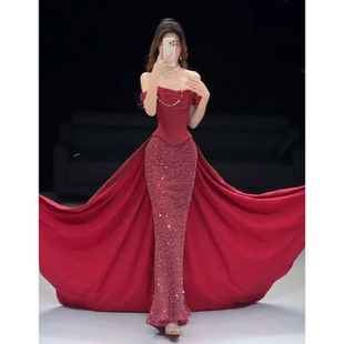 婚礼新娘敬酒服女一字肩酒红色鱼尾晚装 长裙宴会拖尾 礼服高端修身