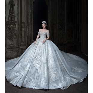 小个子 复古拖尾主纱夏季 一字肩婚纱2024新款 新娘重工奢华高端法式