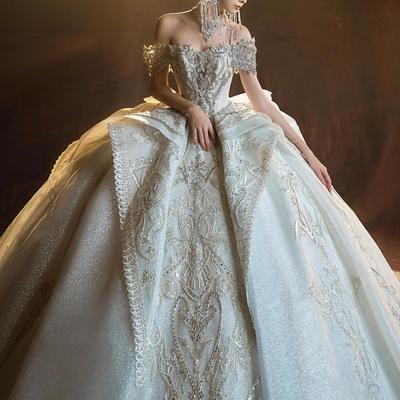 重工大拖尾一字肩奢华婚纱法式