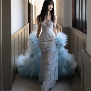 2024新款 主持鱼尾裙小个子新娘出门纱 蓝色圆领人鱼公主仙奢中长款