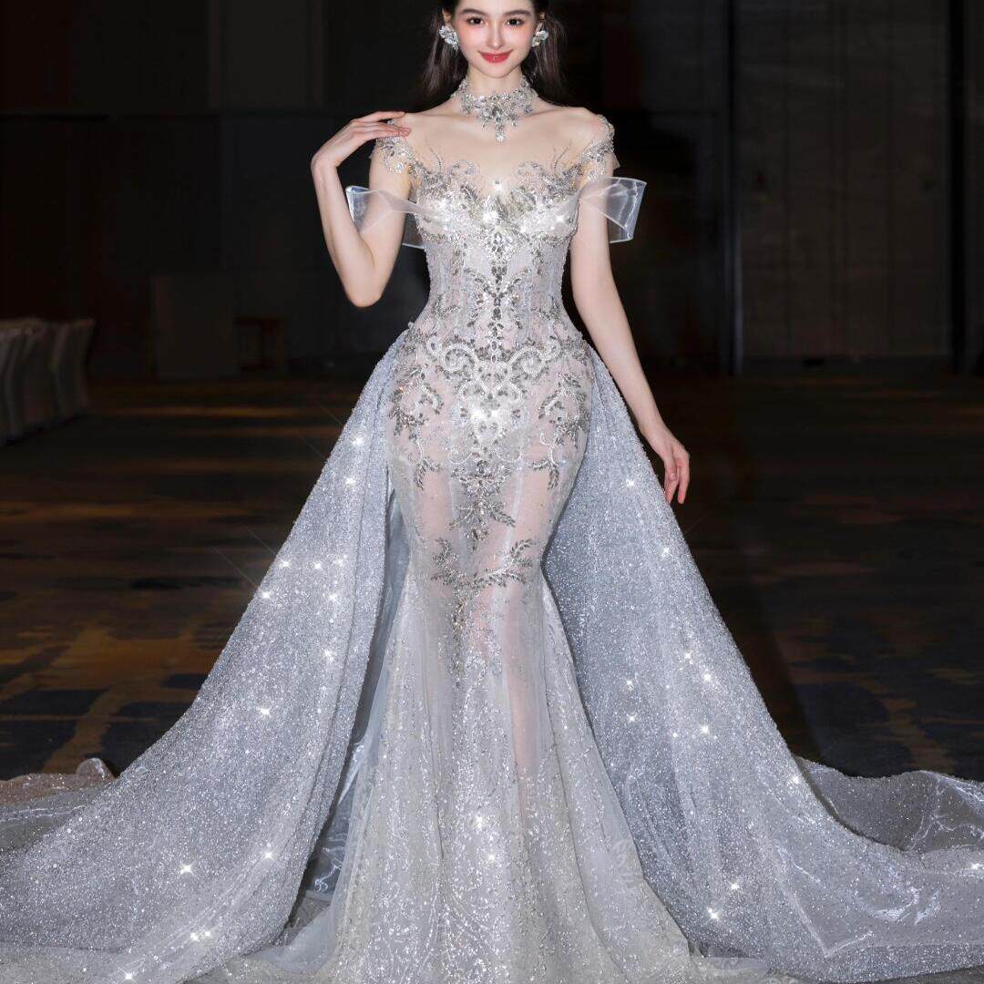 高端鱼尾婚纱2025新款新娘结婚礼服女重工奢华一字肩鱼尾礼服包臀