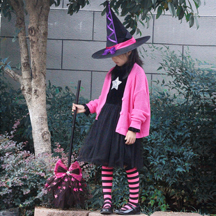 女童万圣节星星小女巫礼服裙百搭天鹅绒连衣裙巫婆扮演包邮礼