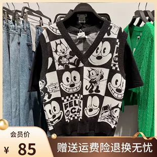 宽松无袖 菲力猫卡通V领针织马甲背心女WV11S9AN2001 YT&UR2022夏季