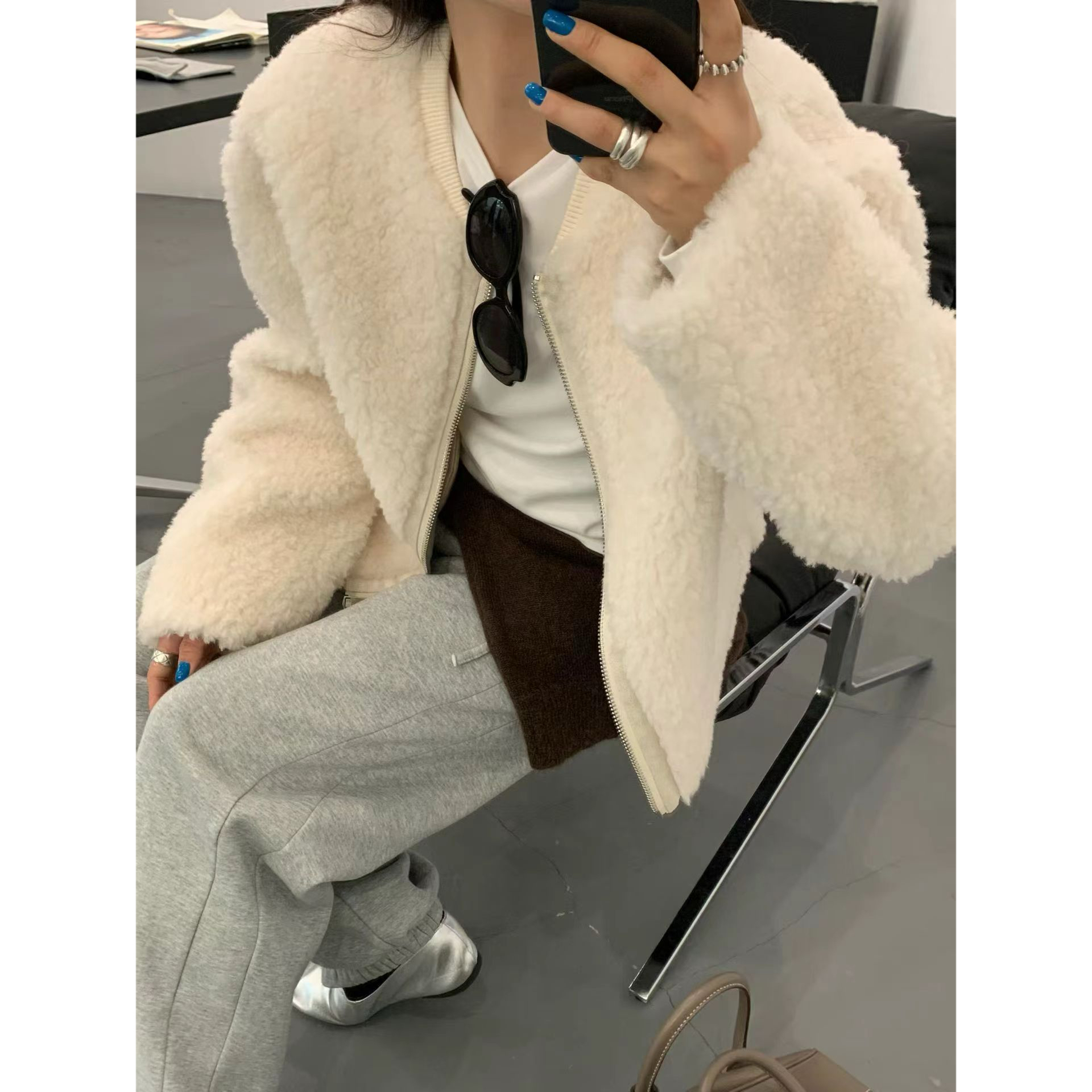 SEEU SEEU SEEU 棒球领绵羊毛拉链白色毛毛夹克外套