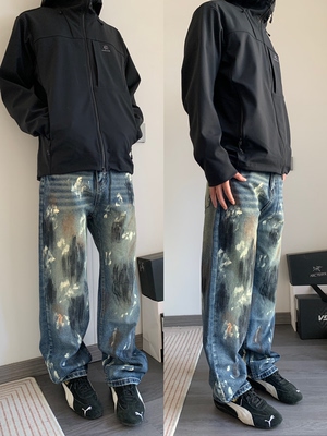 CAGT 秋季美式复古水洗做旧涂鸦脏脏牛仔裤男宽松直筒休闲长裤