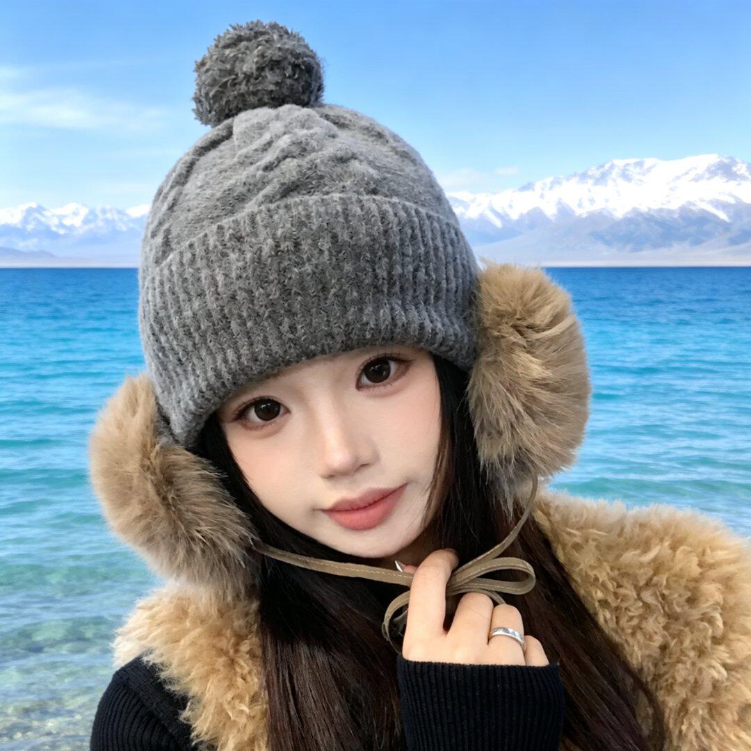复古毛绒护耳毛线帽子