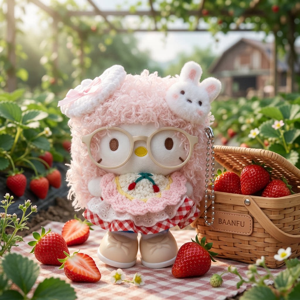 日本BAANFU格子裙卷发kitty毛绒包挂件10CM凯蒂猫公仔钥匙扣礼物