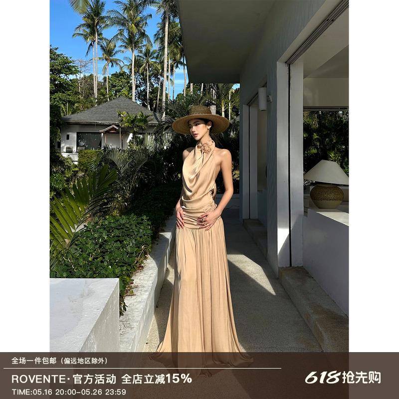 rovente伊顿美神 挂脖荡领连衣裙气质名媛礼服裙海边吊带露背长裙