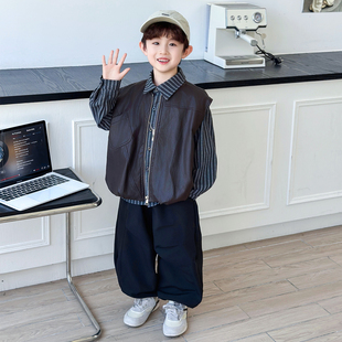 男童春秋季套装2026新款儿童韩版痞帅皮衣马甲三件套男孩时髦衣服