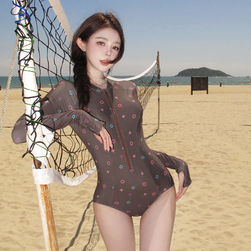 碧海长袖前拉链防晒显瘦连体泳衣