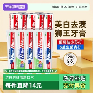 LION狮王大白牙膏5支美白去黄清新口气葡萄柚小苏打120g 自营
