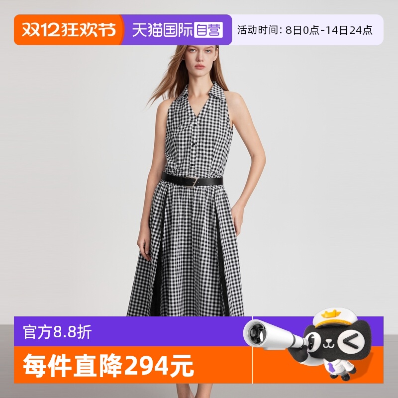 ELLE黑白格纹无袖气质连衣裙
