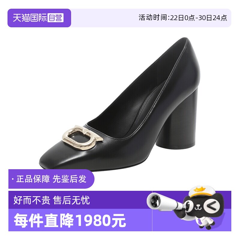 菲拉格慕扣饰粗跟高跟鞋皮鞋
