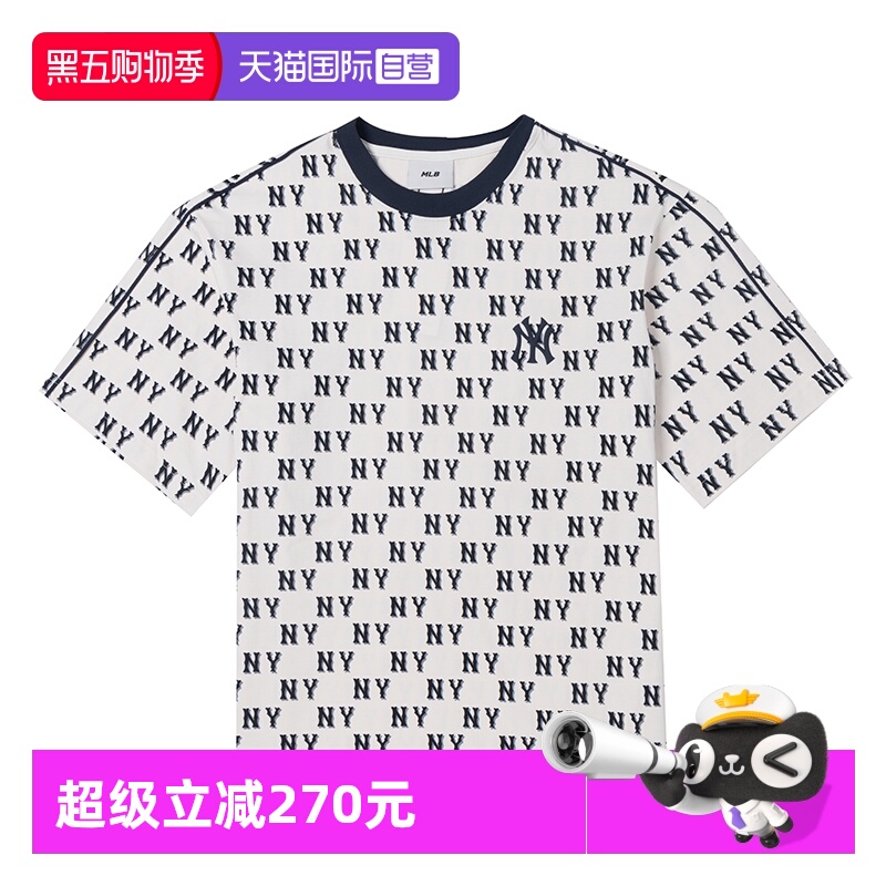 【自营】MLB美职棒T恤男装女装奶油色运动服休闲上衣复古老花短袖