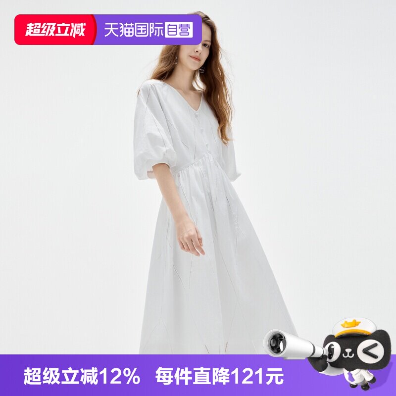 ELLE镂空刺绣泡泡袖法式连衣裙图片