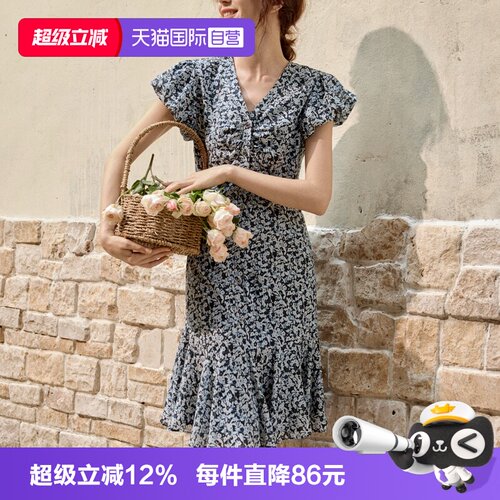 ELLE度假风碎花泡泡袖连衣裙