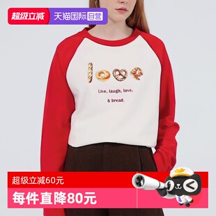 T恤女 Bari面包印花宽松插肩长袖 Petit 红白撞色纯棉 自营