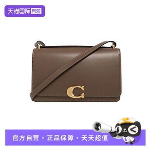 COACH 蔻馳中號金屬塔扣徽標(biāo)裝 飾棕色小牛皮翻蓋單肩包 自營