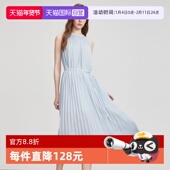 ELLE挂脖风琴褶雪纺连衣裙女2025夏款 自营 垂坠感优雅a字长裙