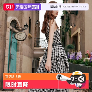 新款 ELLE黑白格纹连衣裙女2025夏季 邂逅巴黎 优雅长裙 自营