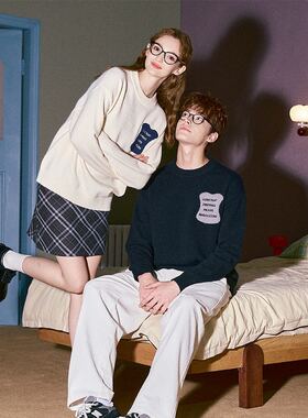 唐狮特价情侣装毛衣男女冬季新款圆领前胸撞色毛衫上衣宽松百搭潮