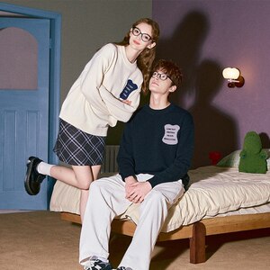 唐狮特价情侣装毛衣男女冬季新款圆领前胸撞色毛衫上衣宽松百搭潮