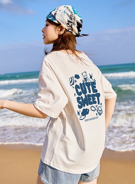 唐狮2026新款夏季短袖t恤女后背卡通插画早春内搭宽松上衣sz