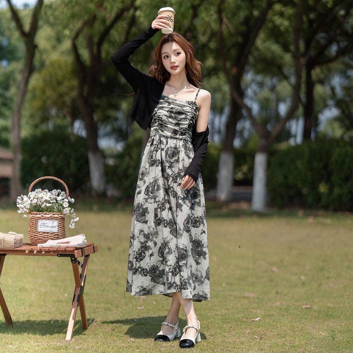 唐狮正品春夏季新款女连衣裙长袖开衫碎花吊带连衣裙气质一整套l5