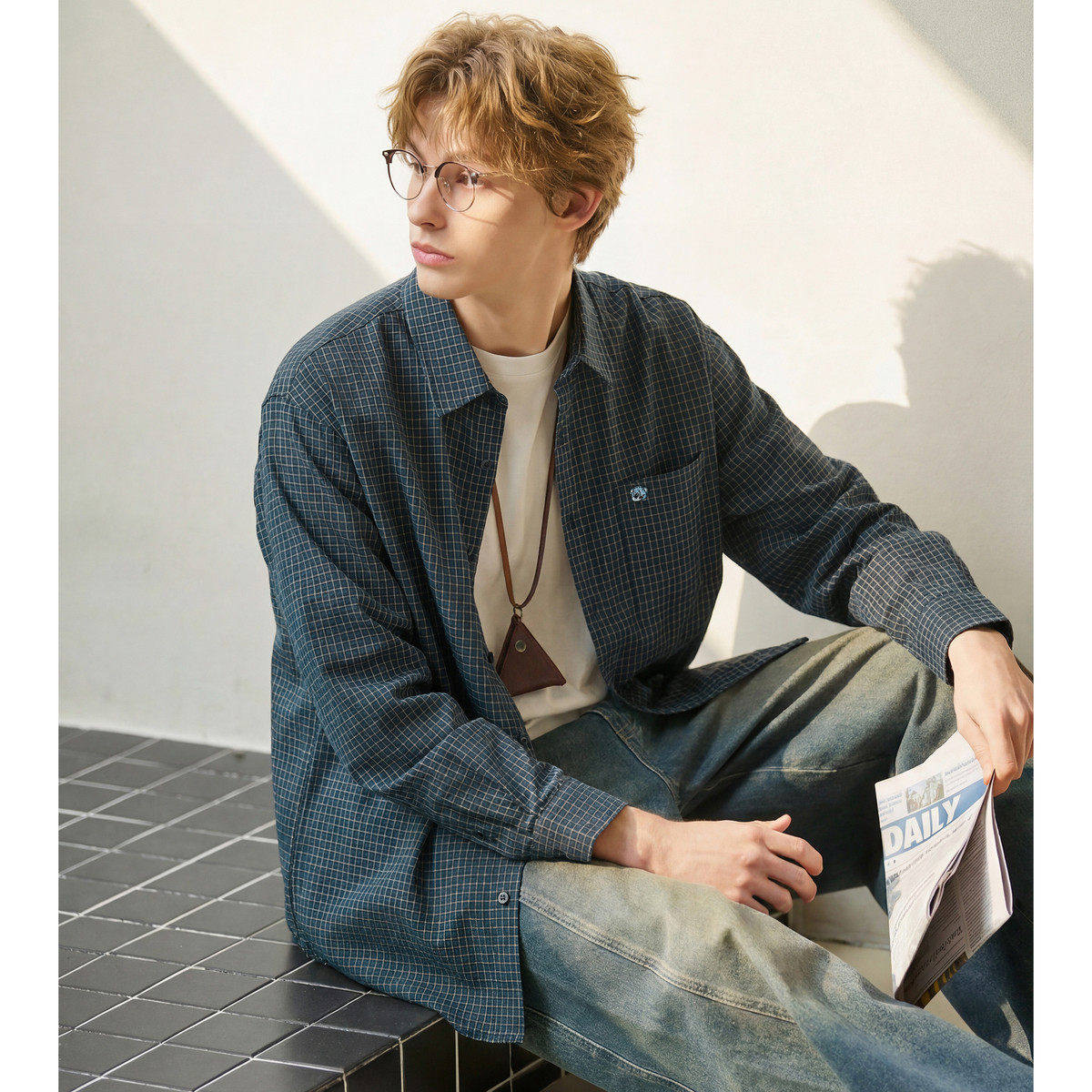 唐狮2026春季新款男格纹长袖衬衫藏青色潮流宽松上衣早春穿搭时尚