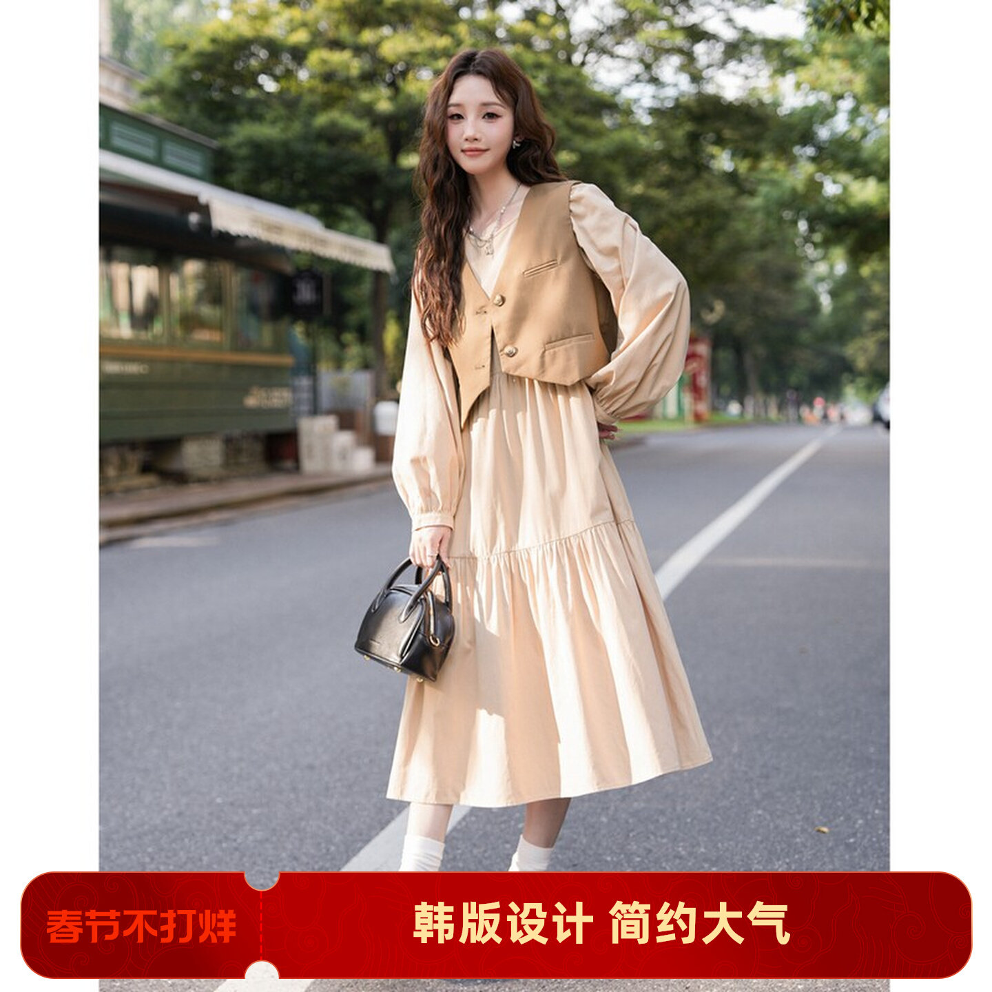 唐狮复古西装马甲入秋连衣裙两件套长袖气质女装长裙韩系一整套y4