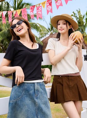 唐狮假两件短袖T恤女夏季小衫新款2026爆款时尚洋气修身短上衣sz