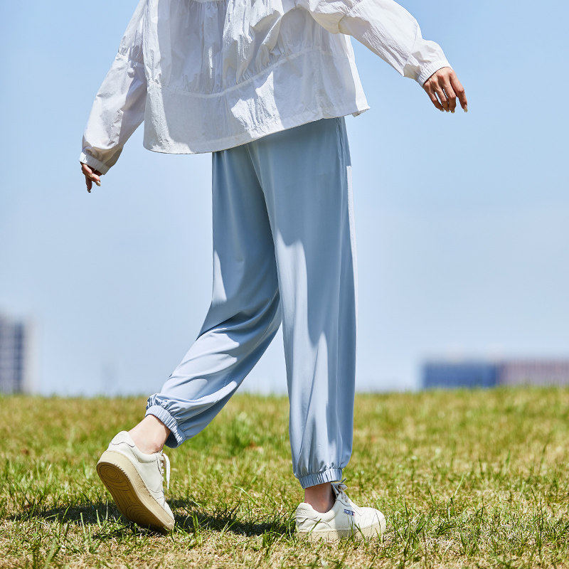唐狮阔腿休闲运动裤女夏季凉感薄款高腰显瘦冰丝防晒黑色束脚裤子