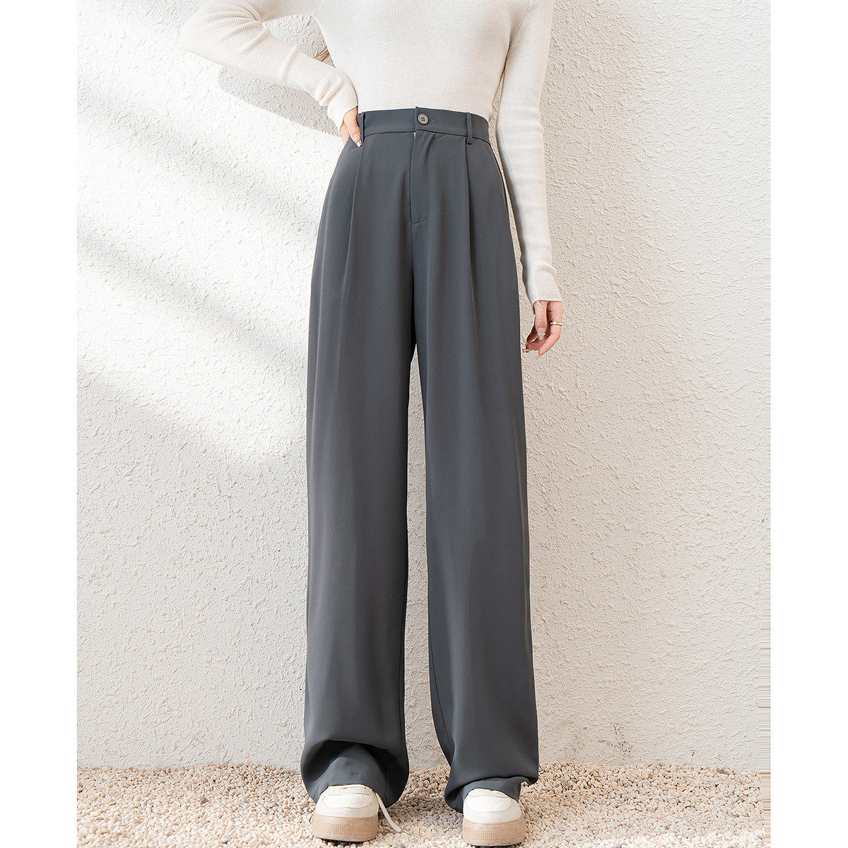 唐狮2026春秋新款灰色西装裤女高级垂坠感基础休闲裤高腰阔腿长