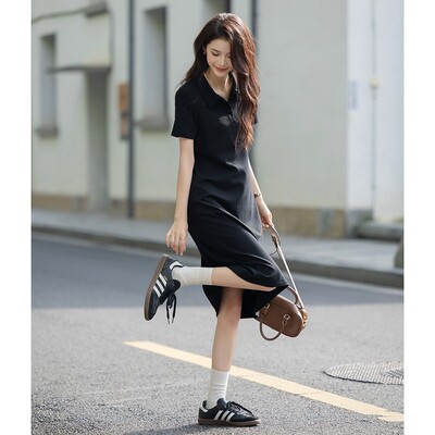 唐狮2026女短袖T恤连衣裙气质感连衣裙长裙黑色翻领显瘦夏季dmn