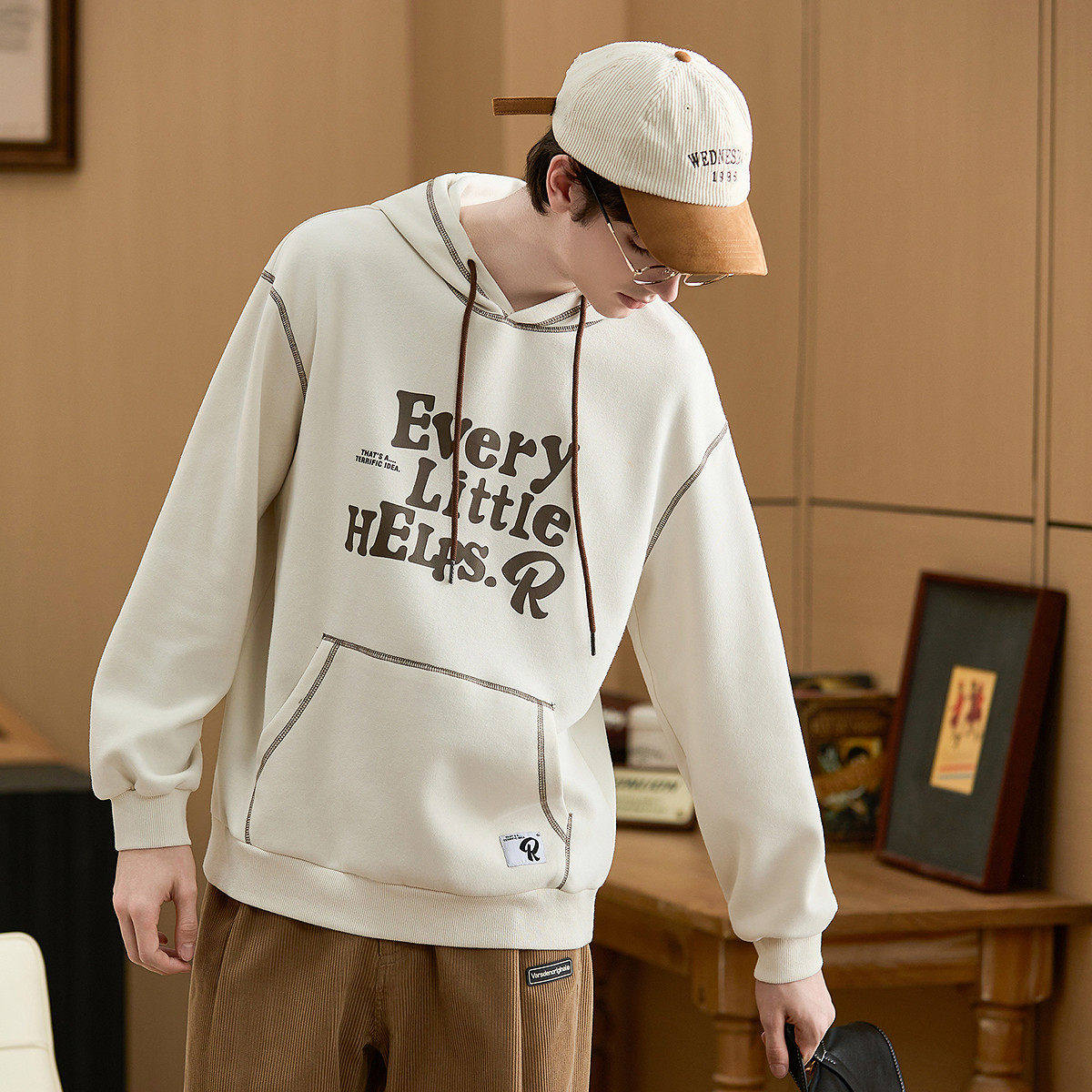 唐狮2026新款秋季男连帽卫衣男款大字母印花车明线独特设计感美式