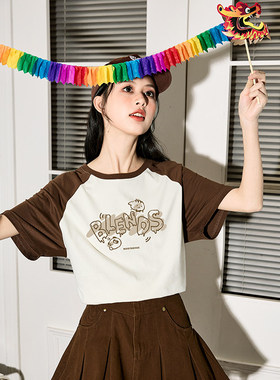 唐狮26年夏季新款上衣女趣味动物涂鸦宽松内搭插肩袖短袖T恤sz