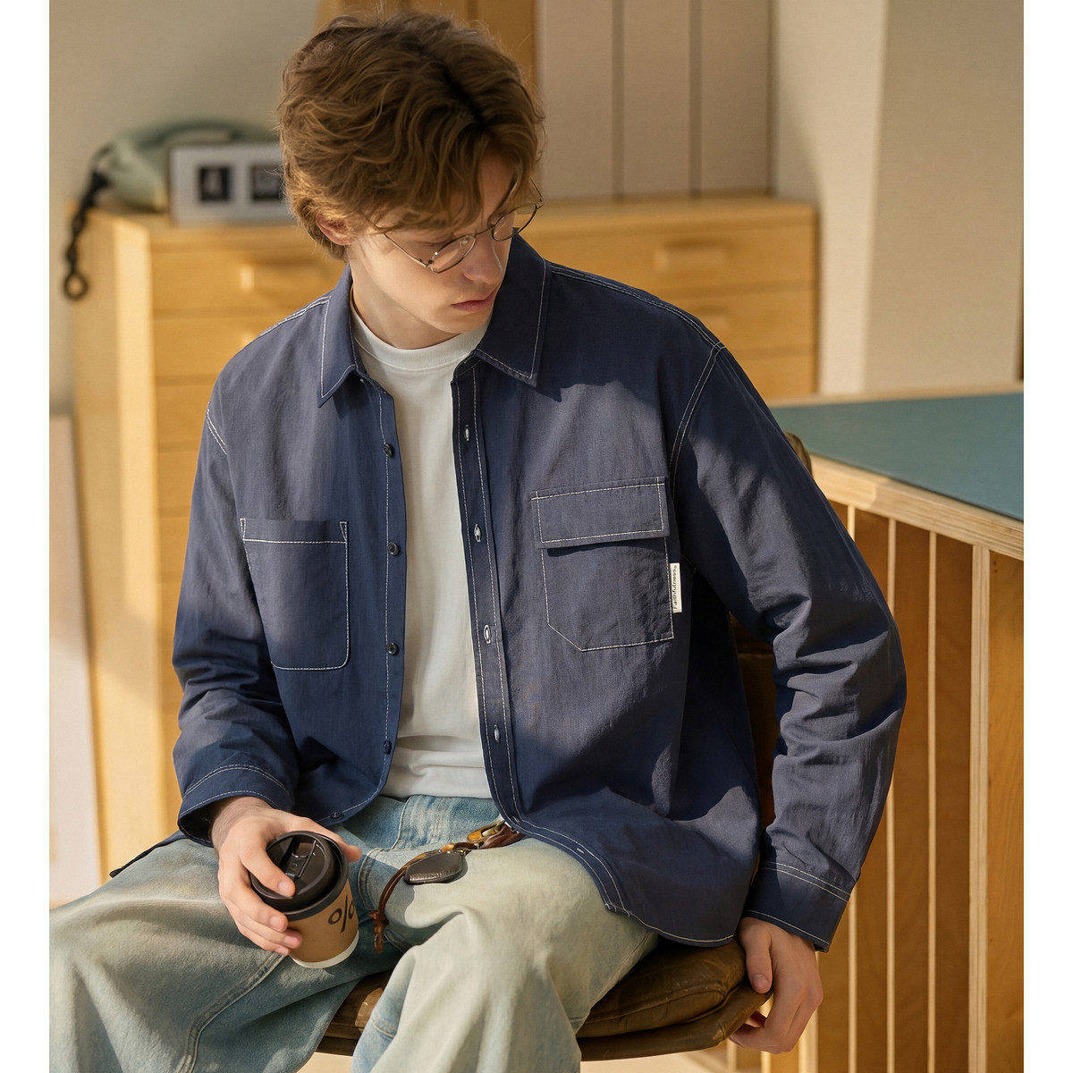 唐狮2026春季新款男明线长袖衬衫简约痞帅男士日系穿搭工装衬衫