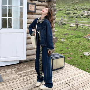 2026春季新款女装时尚学院风牛仔拼接两件套装2-230-7808-P185-26
