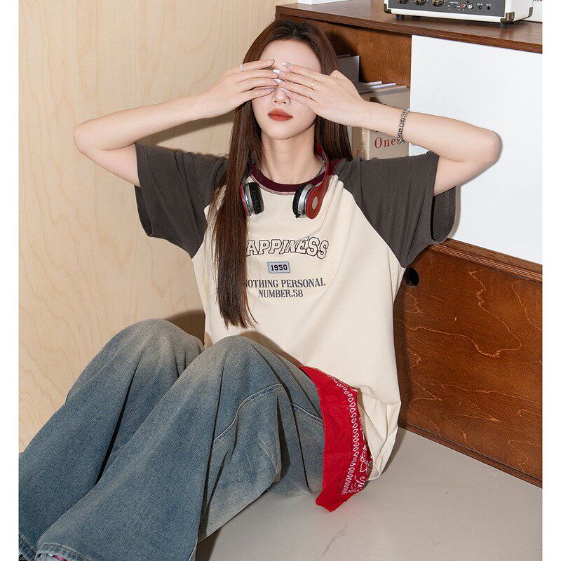 唐狮2026新款夏季美式短袖T恤女复古撞色插肩袖加厚纯棉休闲上衣