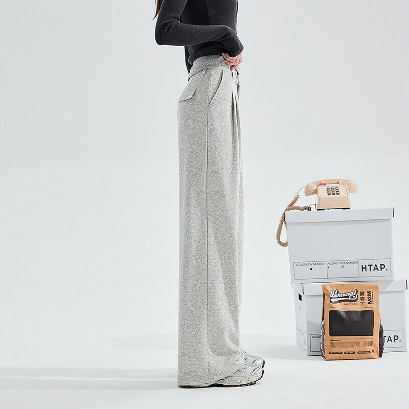 唐狮2026春季新款女休闲裤宽松基础净色阔腿百搭灰色显瘦西装长裤