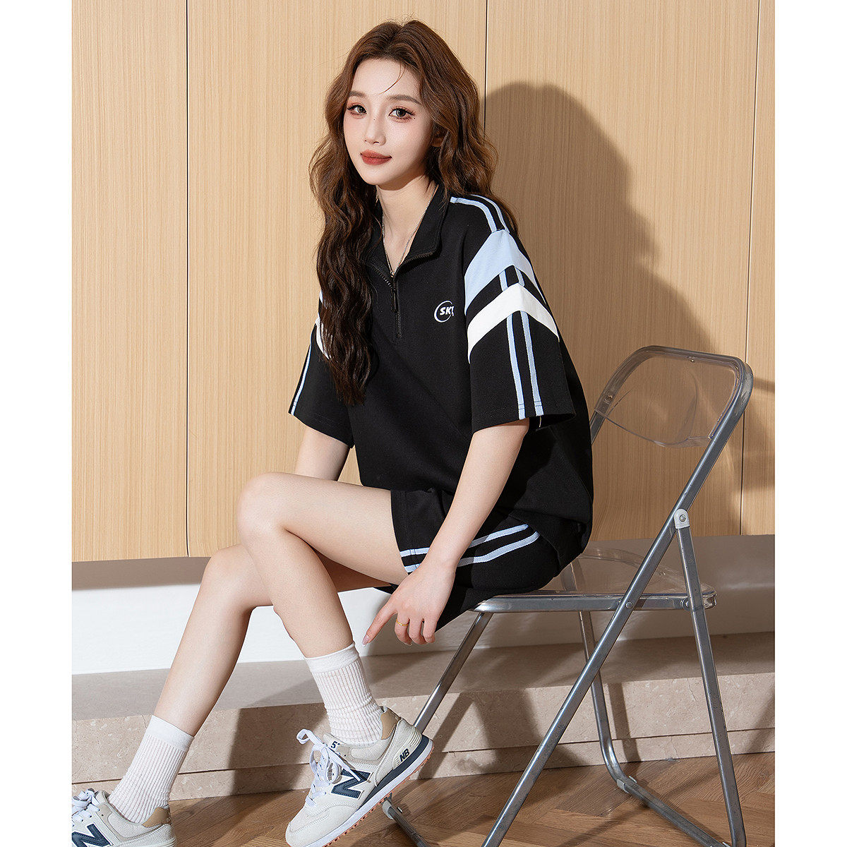 唐狮休闲运动风套装女夏季短袖T恤短裤套装休闲卫衣穿搭一整套g5