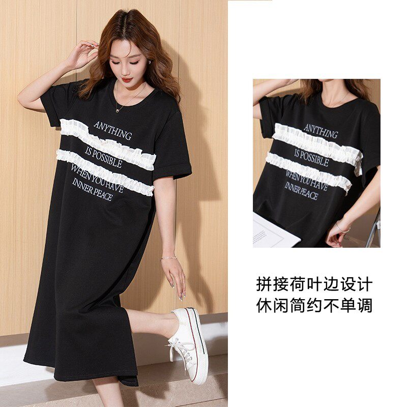唐狮连衣裙女2026夏新款宽松休闲长裙通勤短袖T恤裙黑色裙子女g9
