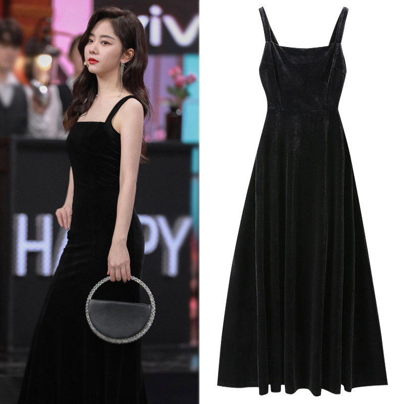快乐大本营谭松韵同款连衣裙长款到脚踝过膝黑色显瘦丝绒吊带裙夏
