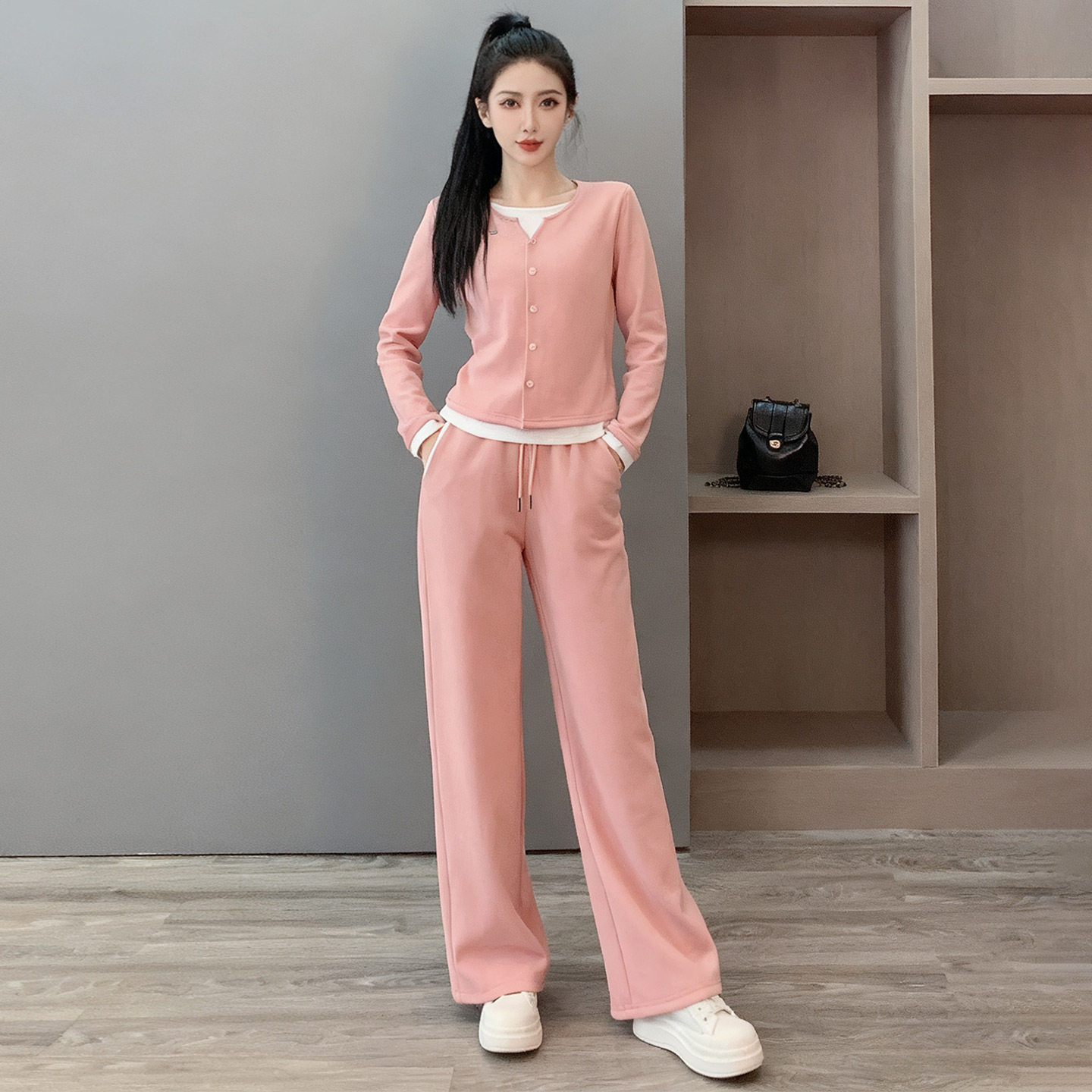 甜美少女粉色运动服套装女装春秋新款圆领卫衣阔腿裤休闲两件套潮