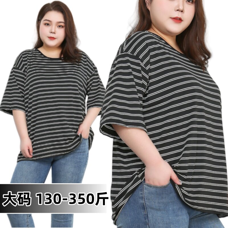 夏200斤300斤胖妈妈加肥超大码条纹宽松中袖短袖宽松显瘦T恤上衣