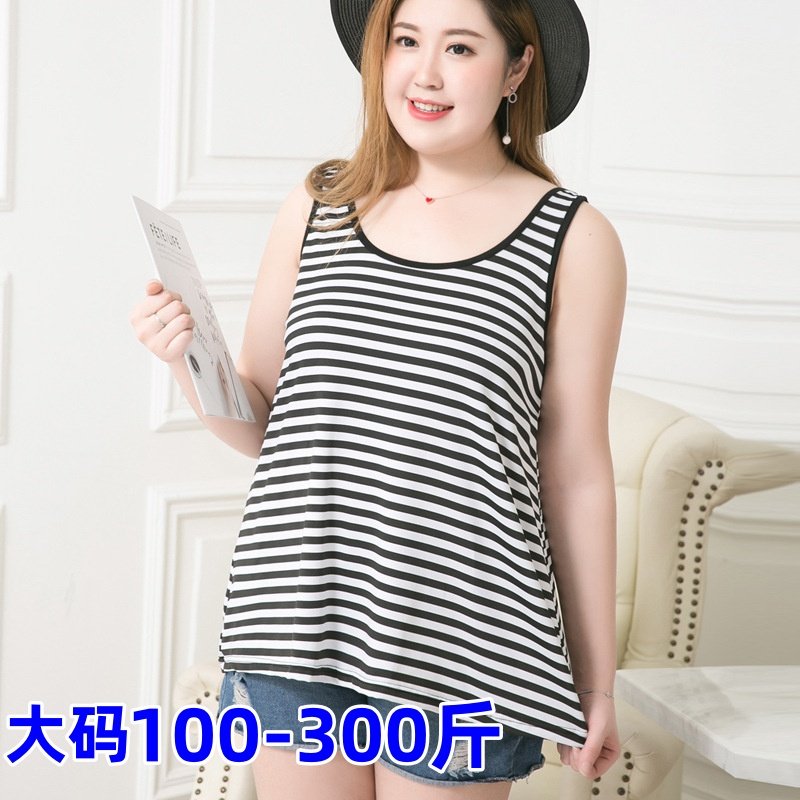 夏季新款胖mm特大码300斤A字无袖吊带条纹背心宽松遮肉显瘦打底衫